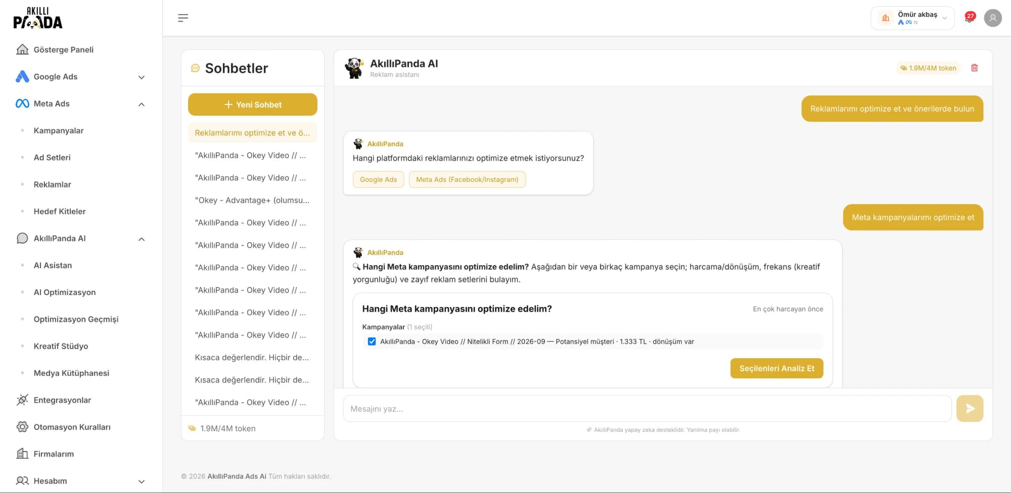 AkıllıPanda Ads Ai asistanı: platform ve kampanya seçimi butonlarıyla optimizasyon sohbeti