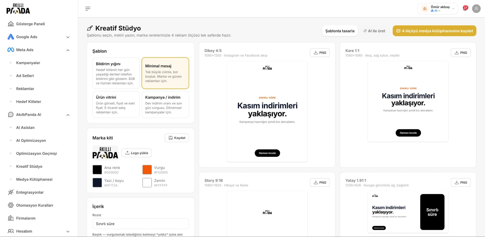 Kreatif Stüdyo: şablon ve marka kitiyle dört reklam ölçüsünün aynı anda üretimi